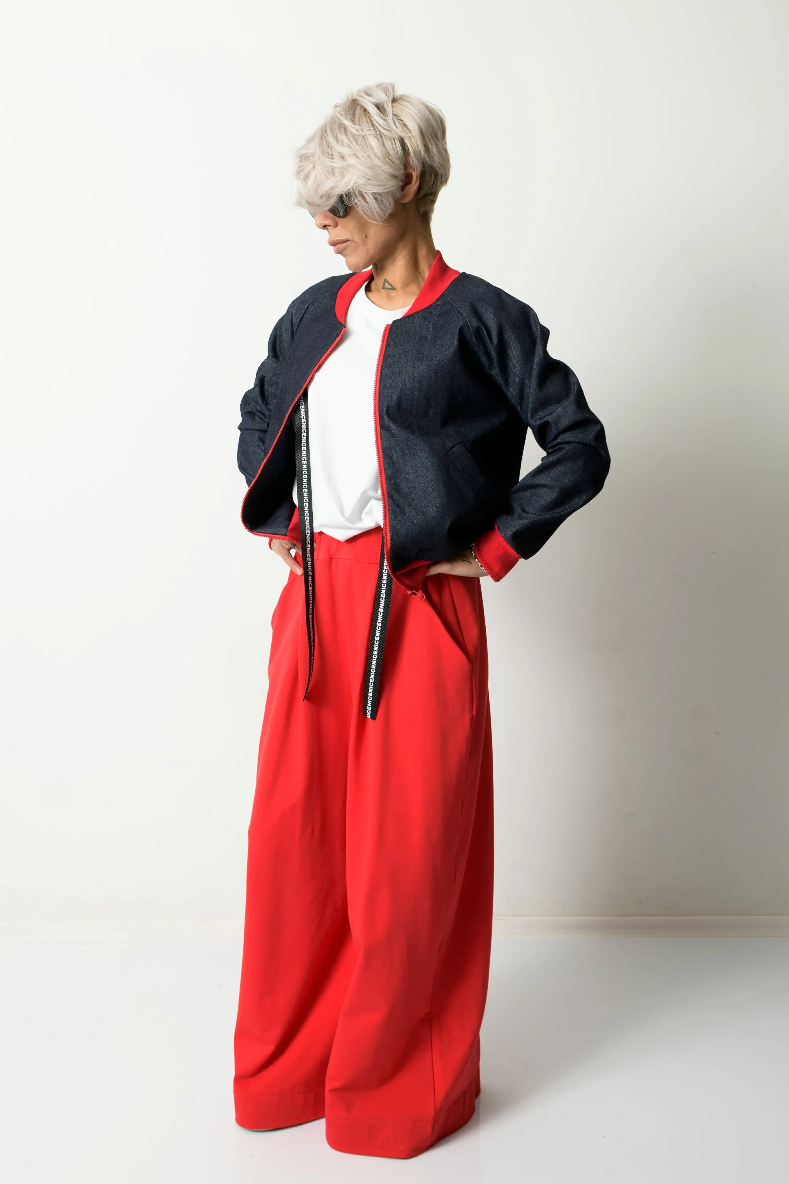 Woman Denim Bomber Jacket with Red Cuffs