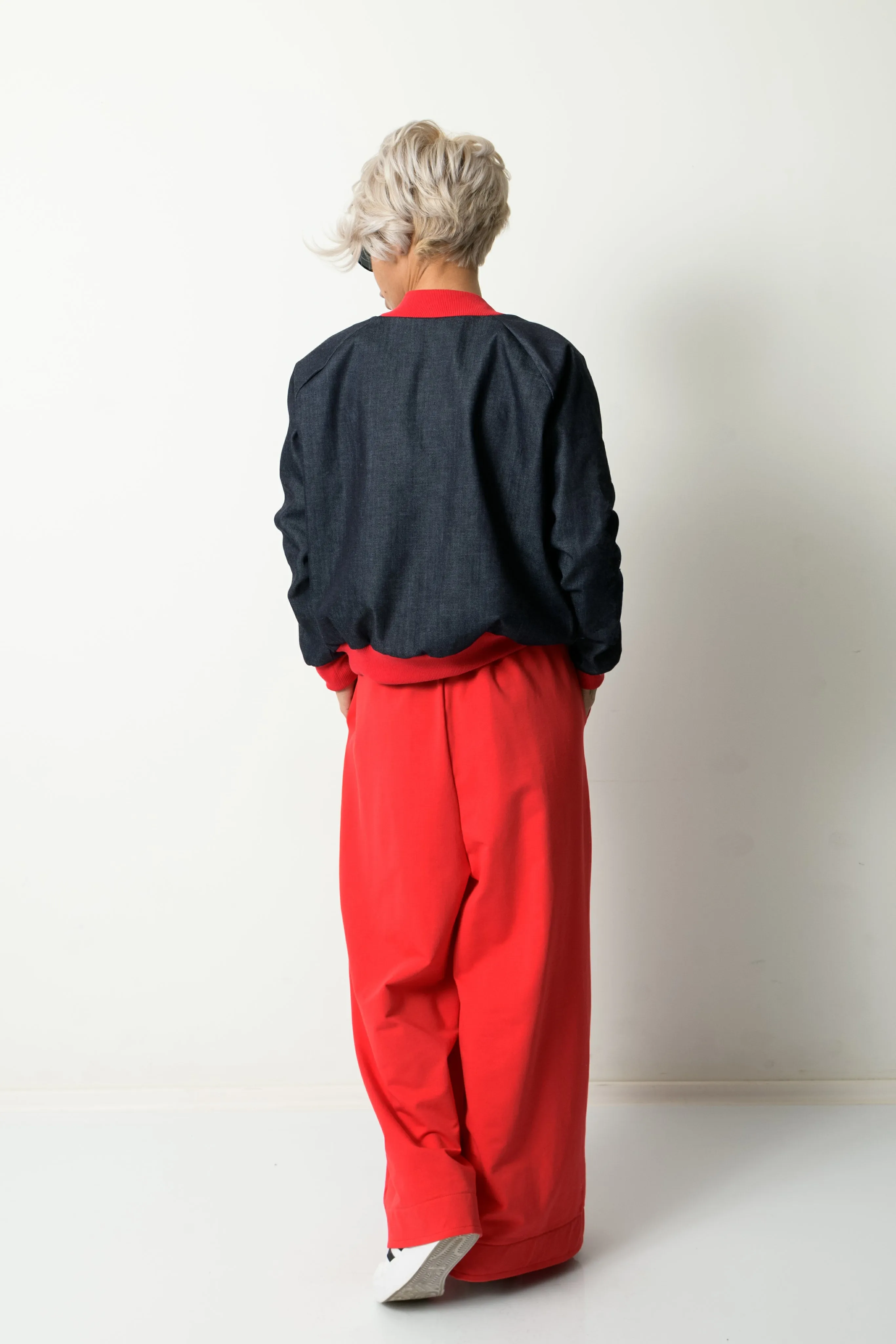 Woman Denim Bomber Jacket with Red Cuffs