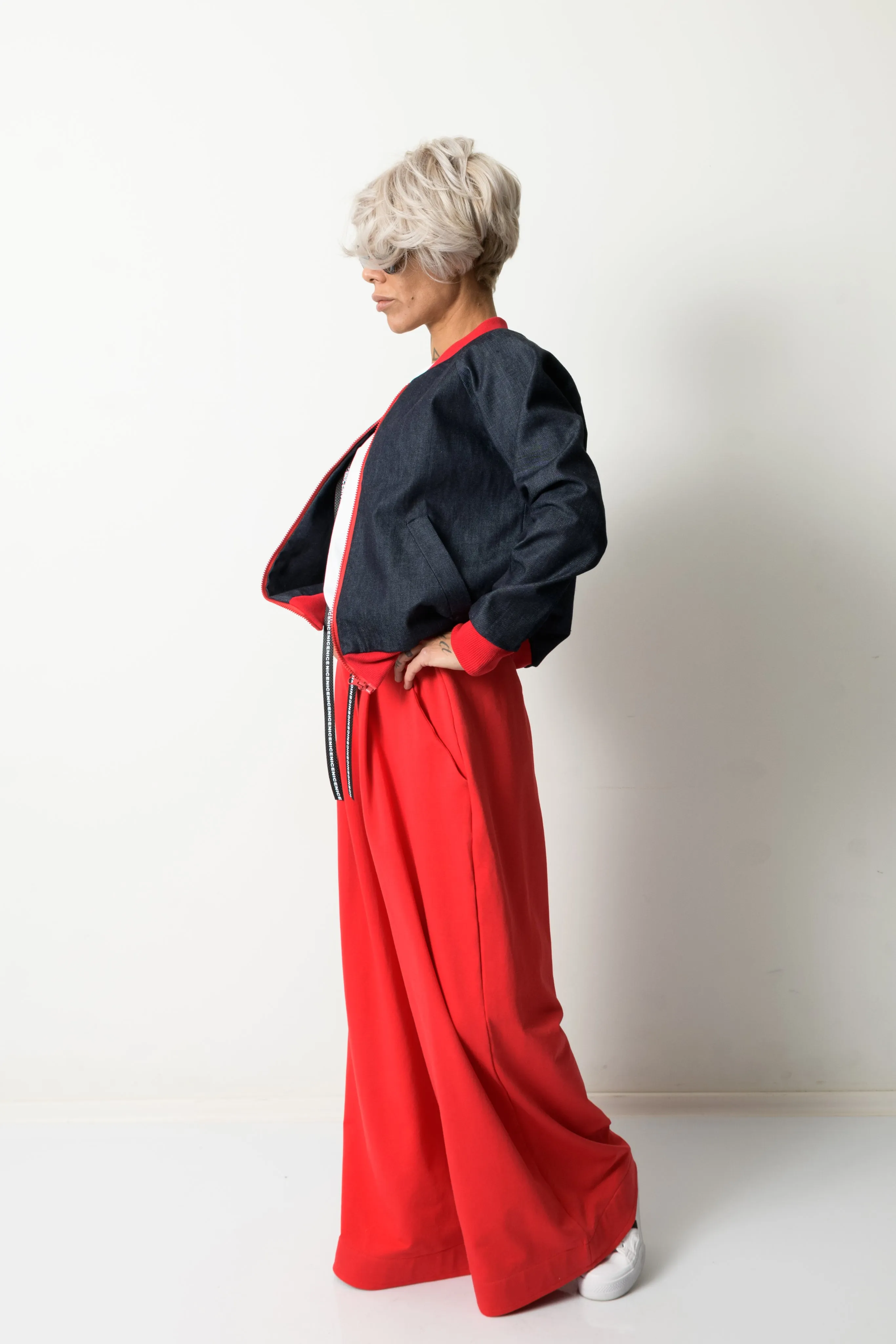 Woman Denim Bomber Jacket with Red Cuffs