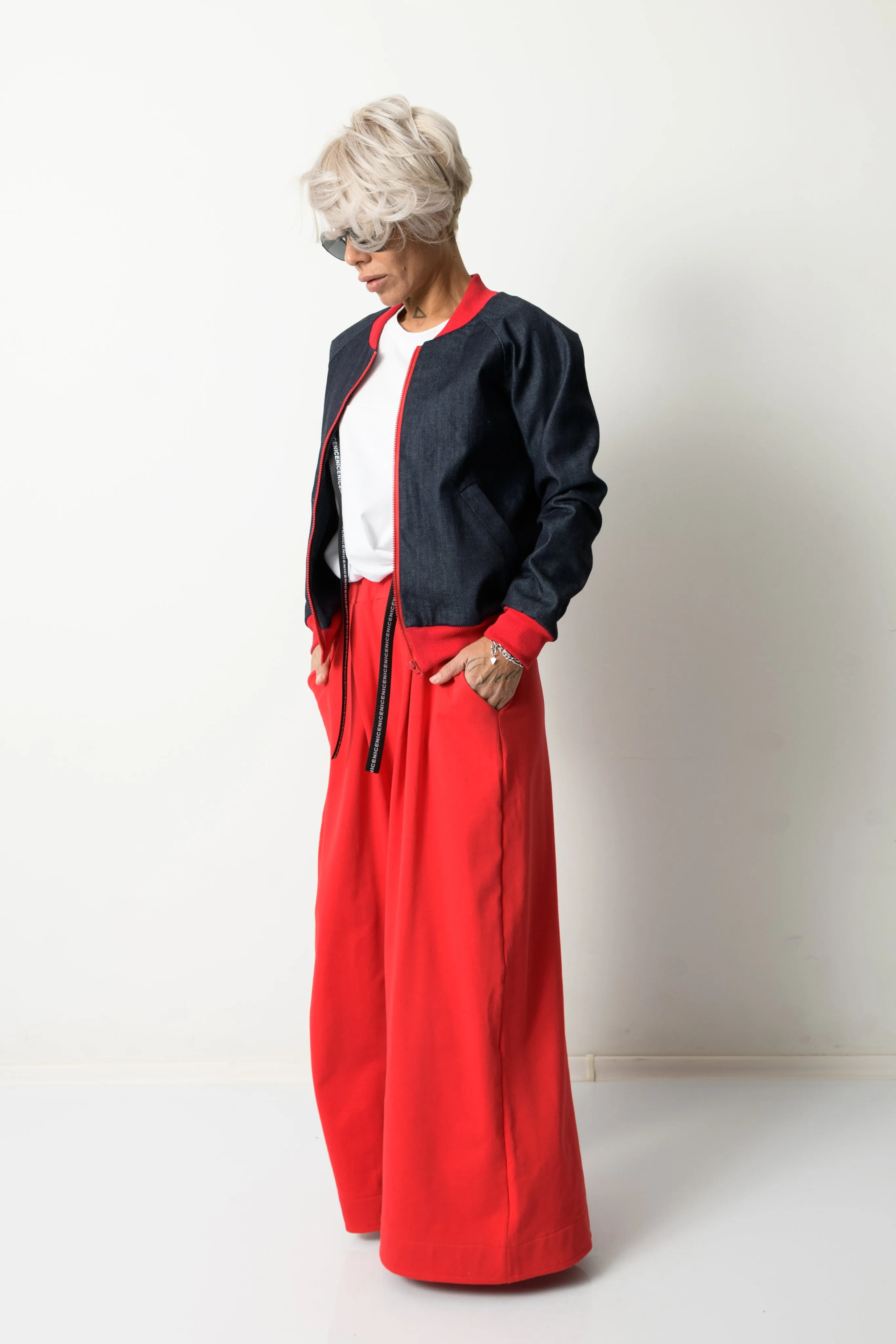 Woman Denim Bomber Jacket with Red Cuffs