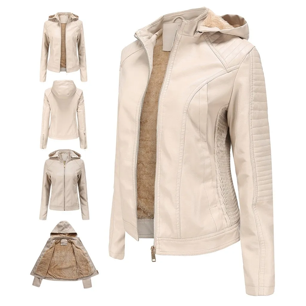 Women's hooded biker fur lining winter warm zipper jacket with removable hat