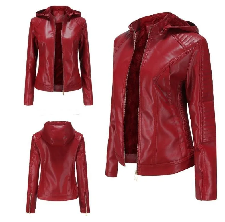 Women's hooded biker fur lining winter warm zipper jacket with removable hat