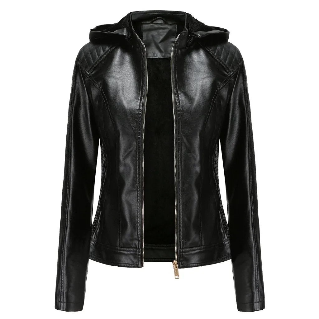 Women's hooded biker fur lining winter warm zipper jacket with removable hat