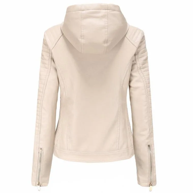 Women's hooded biker fur lining winter warm zipper jacket with removable hat