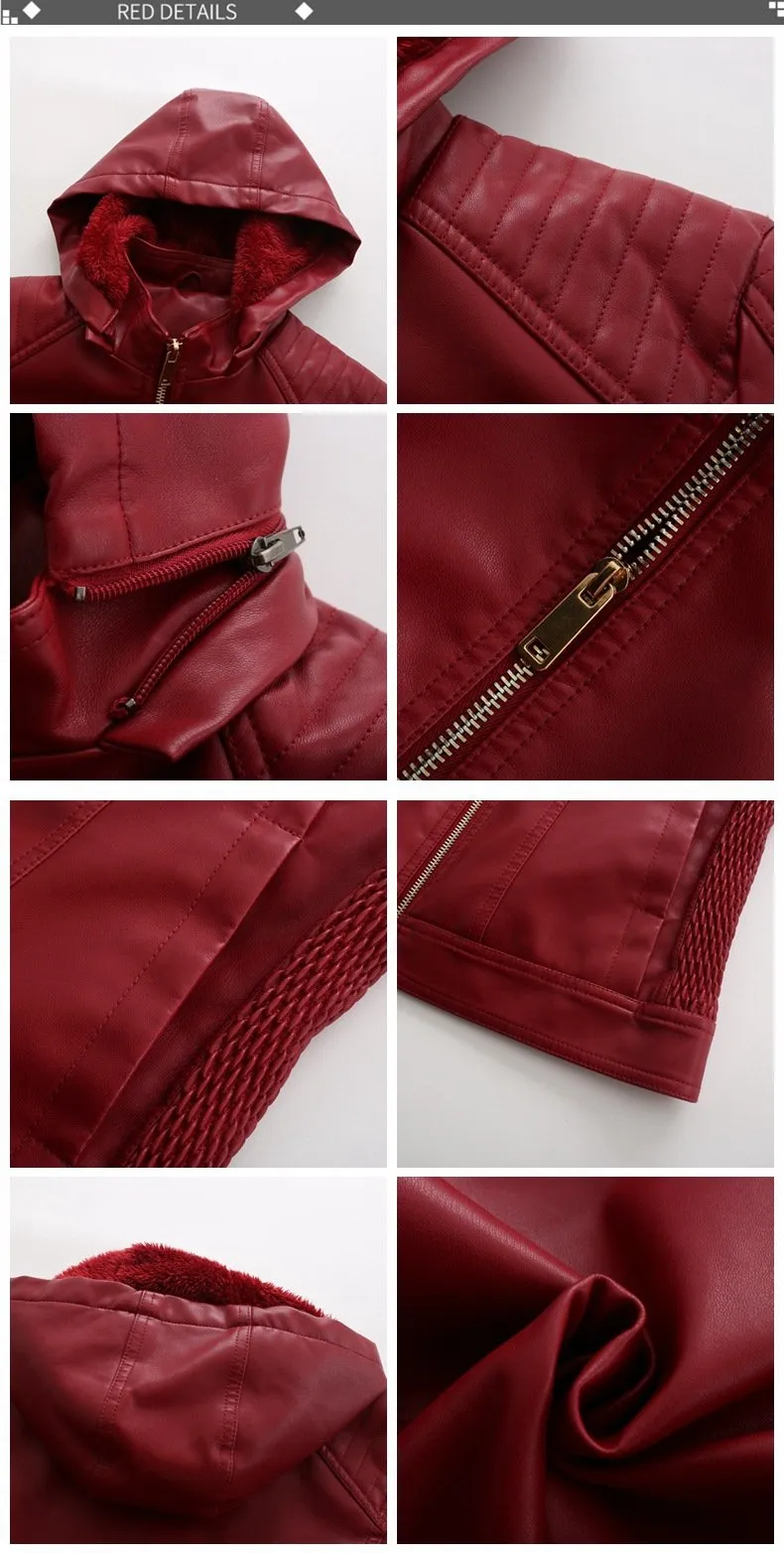 Women's hooded biker fur lining winter warm zipper jacket with removable hat