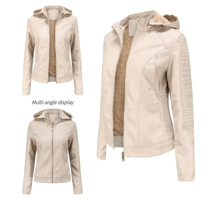Women's hooded biker fur lining winter warm zipper jacket with removable hat
