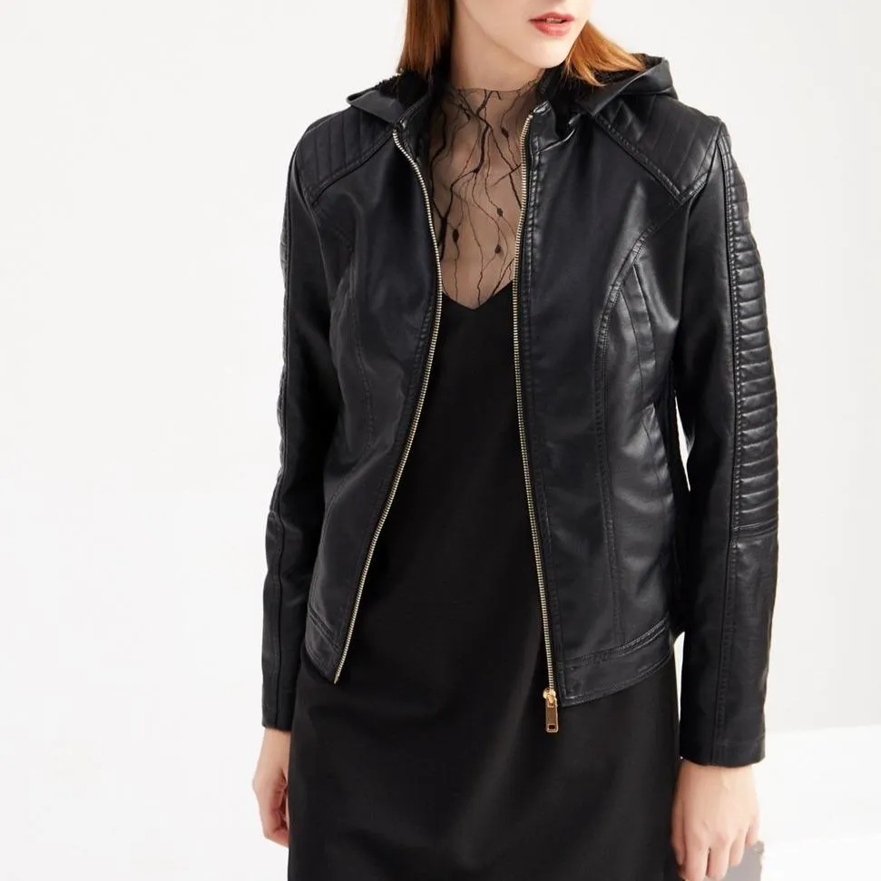 Women's hooded biker fur lining winter warm zipper jacket with removable hat