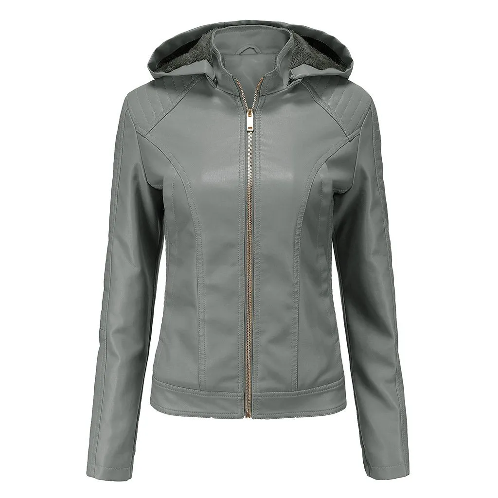 Women's hooded biker fur lining winter warm zipper jacket with removable hat