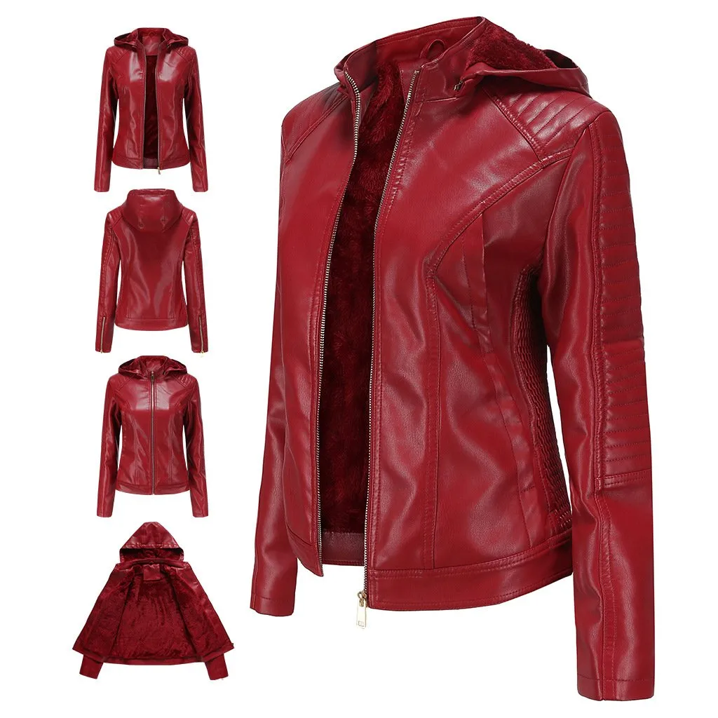 Women's hooded biker fur lining winter warm zipper jacket with removable hat