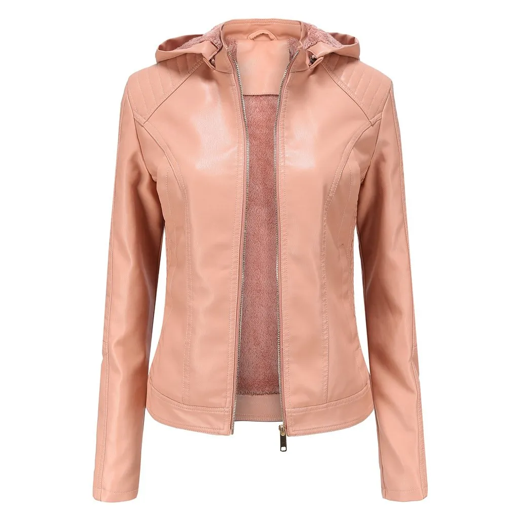 Women's hooded biker fur lining winter warm zipper jacket with removable hat