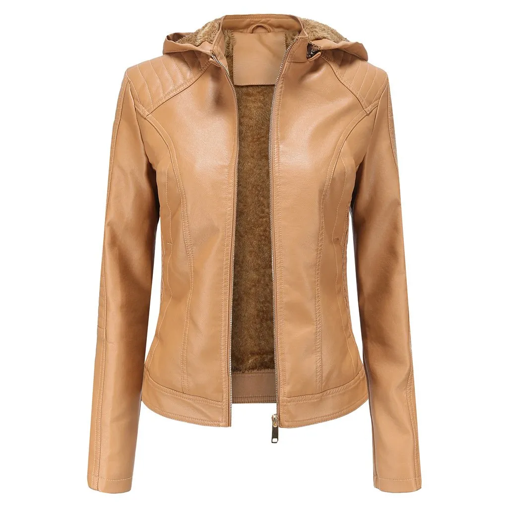 Women's hooded biker fur lining winter warm zipper jacket with removable hat