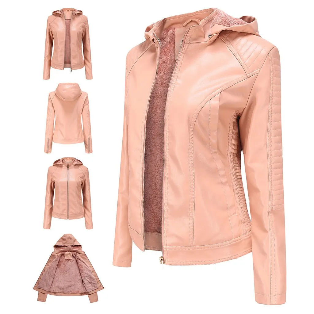 Women's hooded biker fur lining winter warm zipper jacket with removable hat