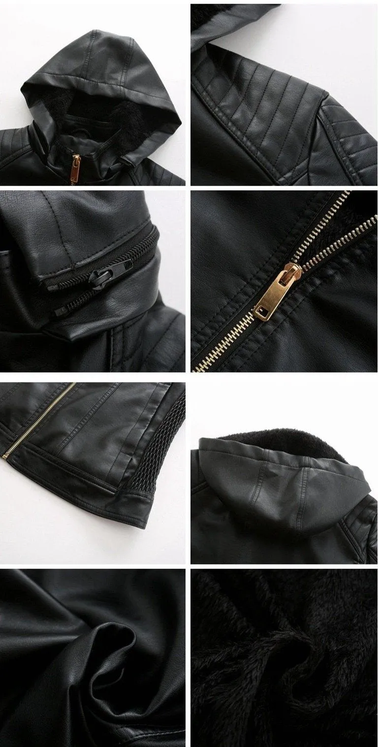 Women's hooded biker fur lining winter warm zipper jacket with removable hat
