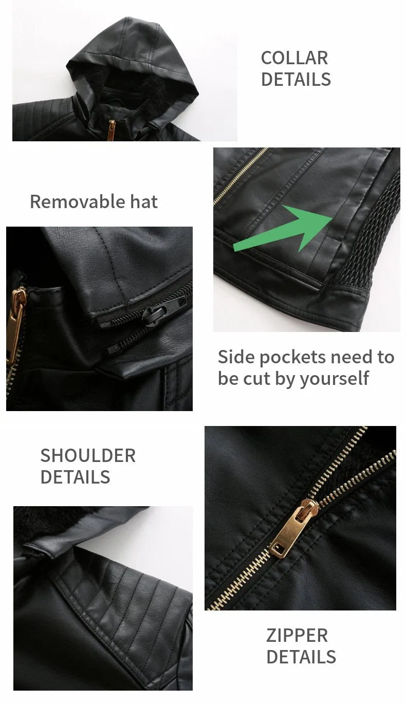 Women's hooded biker fur lining winter warm zipper jacket with removable hat