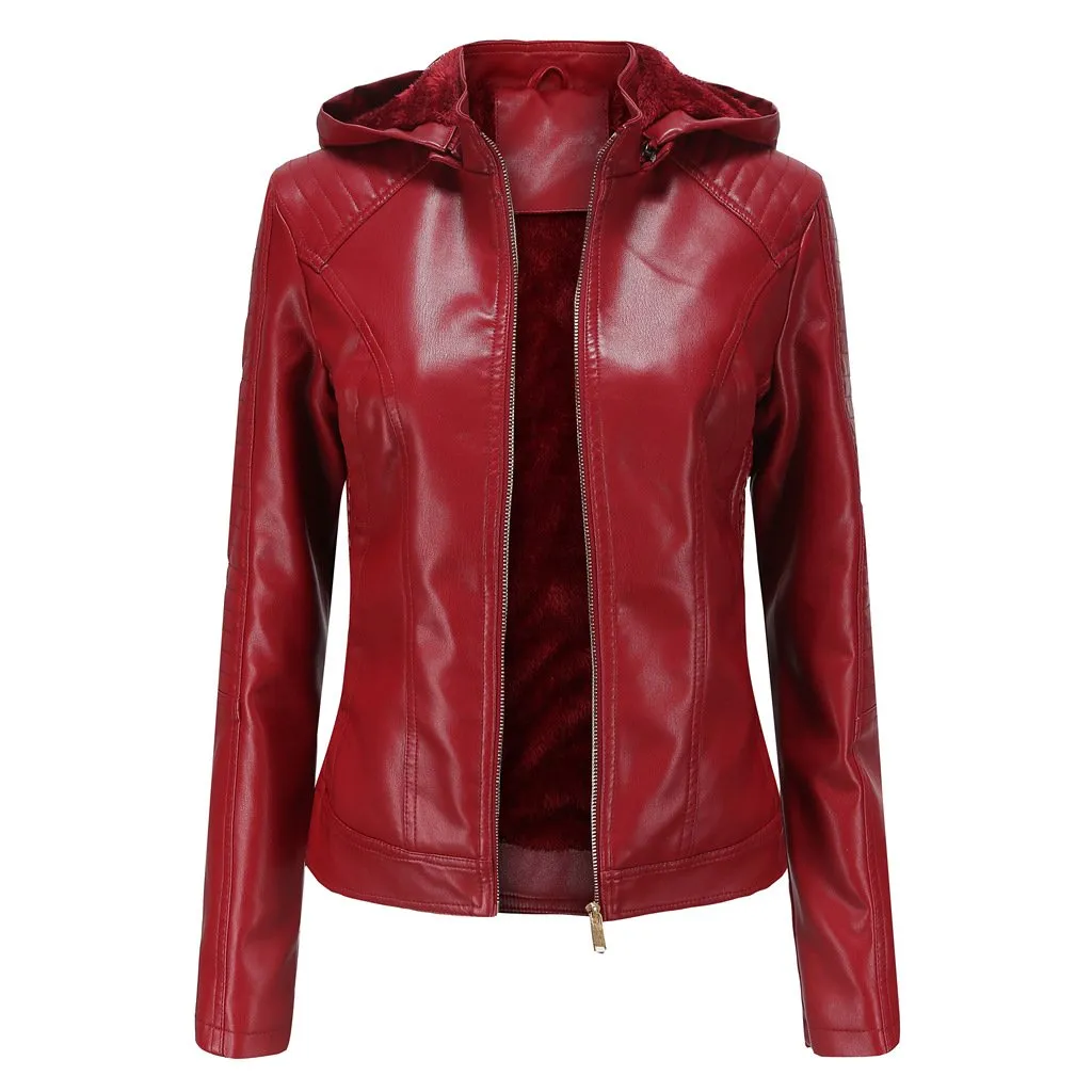 Women's hooded biker fur lining winter warm zipper jacket with removable hat