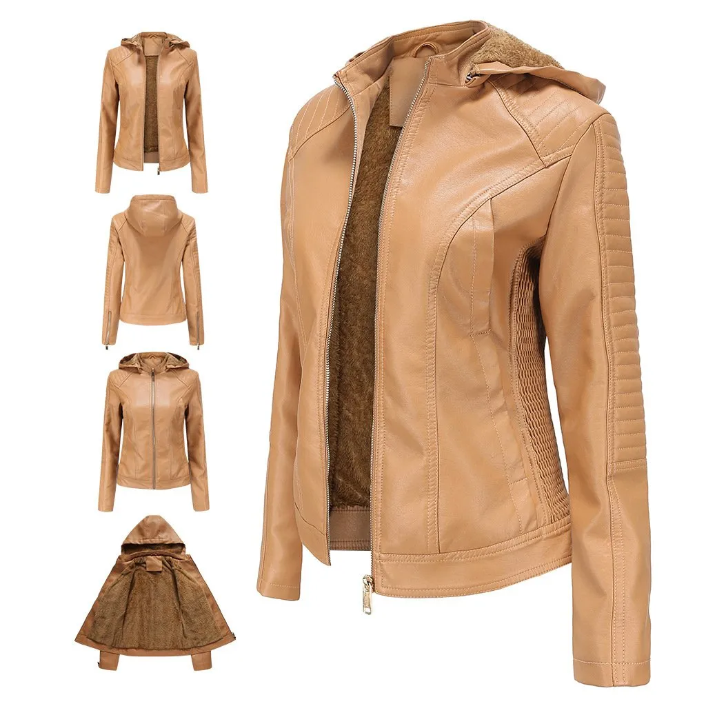 Women's hooded biker fur lining winter warm zipper jacket with removable hat