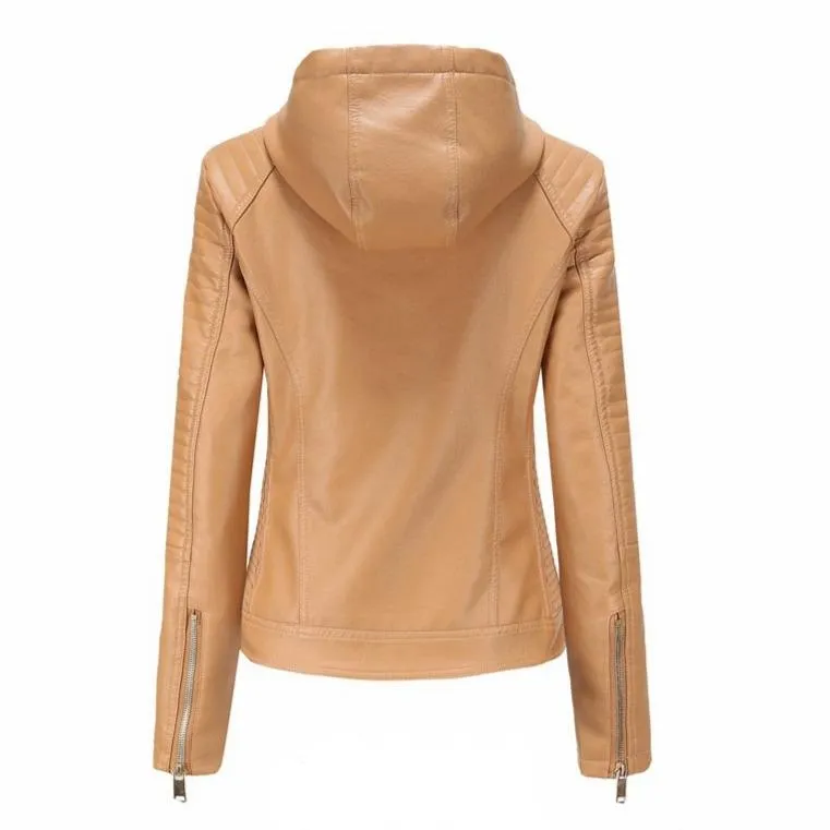Women's hooded biker fur lining winter warm zipper jacket with removable hat