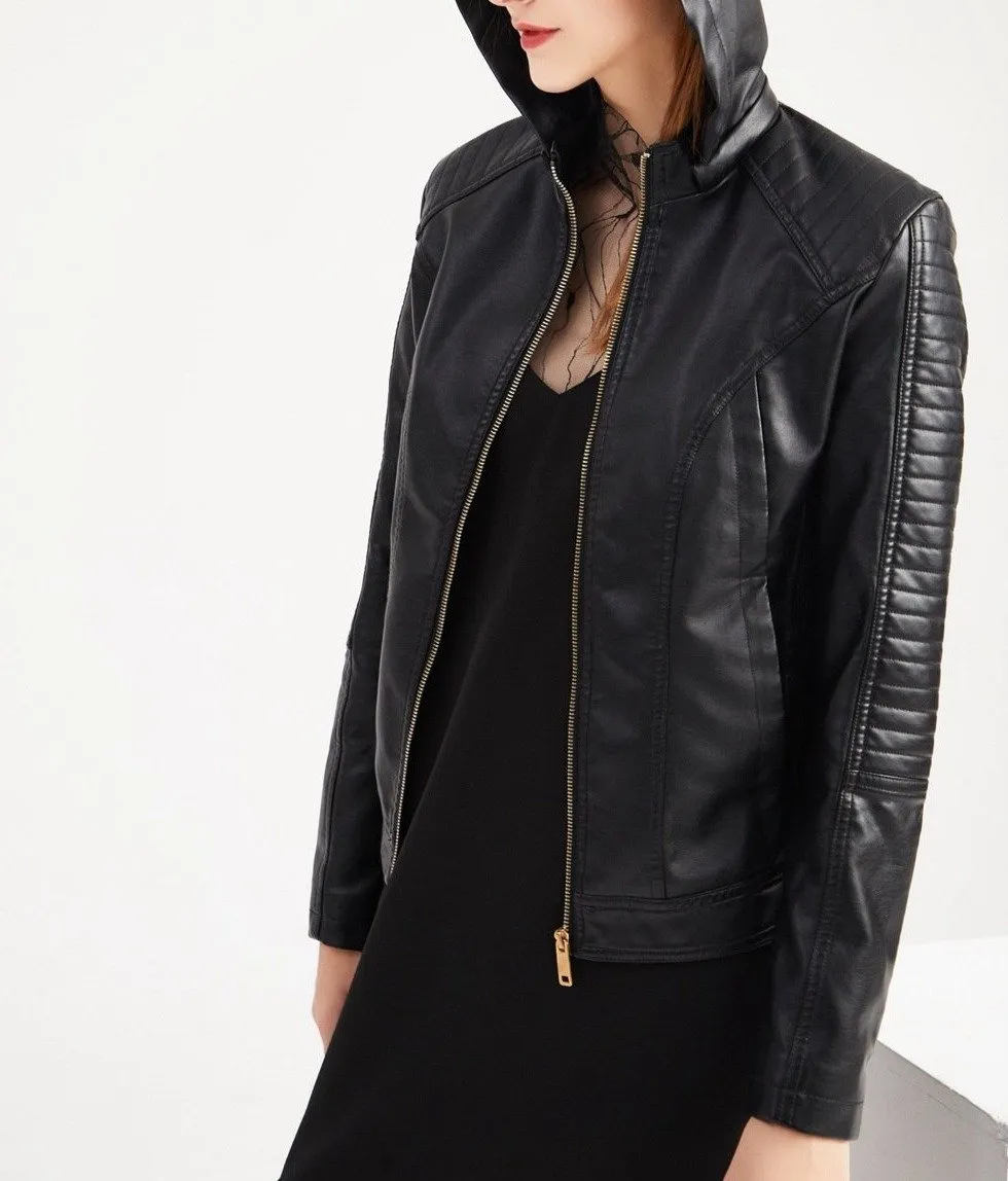 Women's hooded biker fur lining winter warm zipper jacket with removable hat