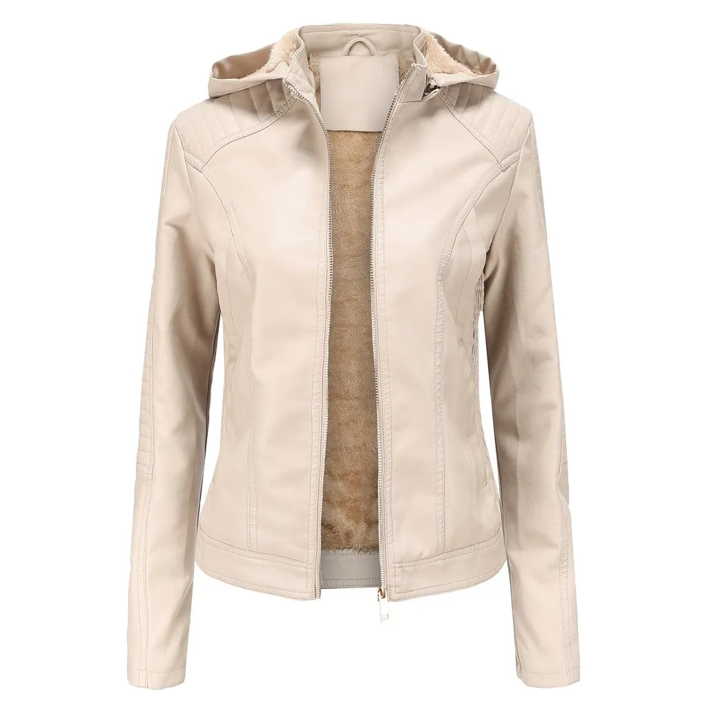 Women's hooded biker fur lining winter warm zipper jacket with removable hat