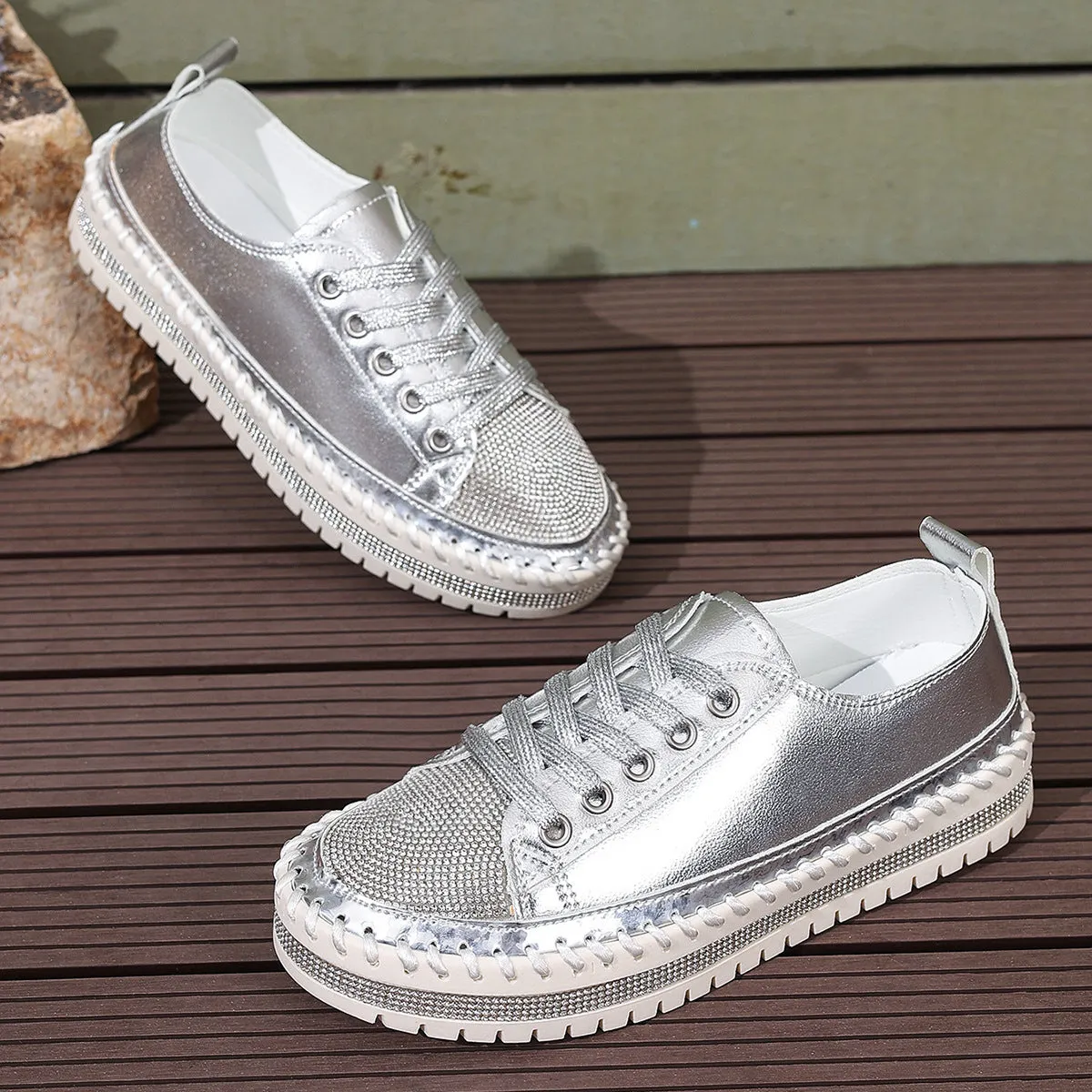 Women's rhinestone sparkly lace-up platform sneakers