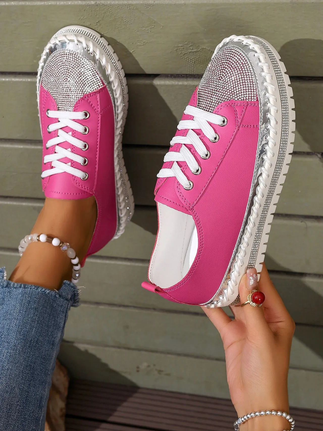 Women's rhinestone sparkly lace-up platform sneakers