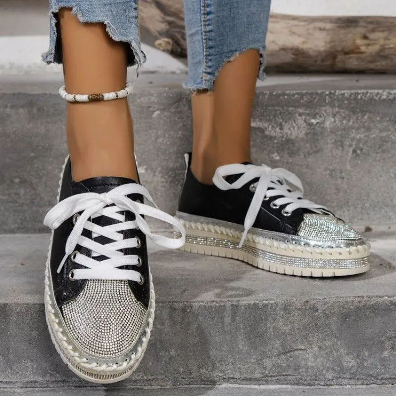 Women's rhinestone sparkly lace-up platform sneakers