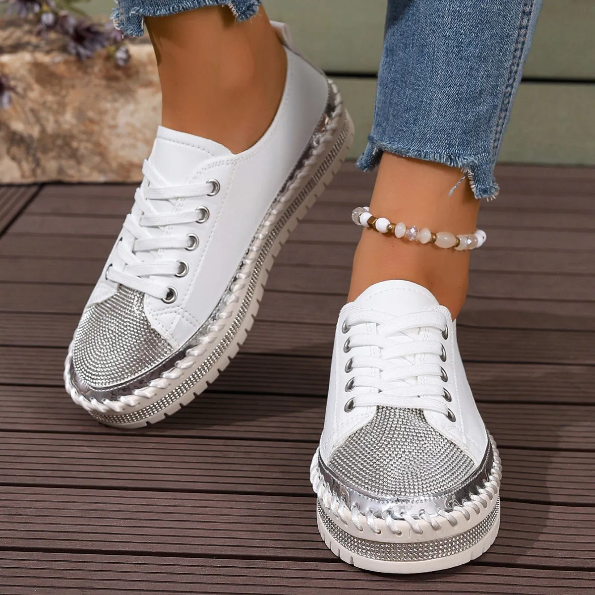 Women's rhinestone sparkly lace-up platform sneakers