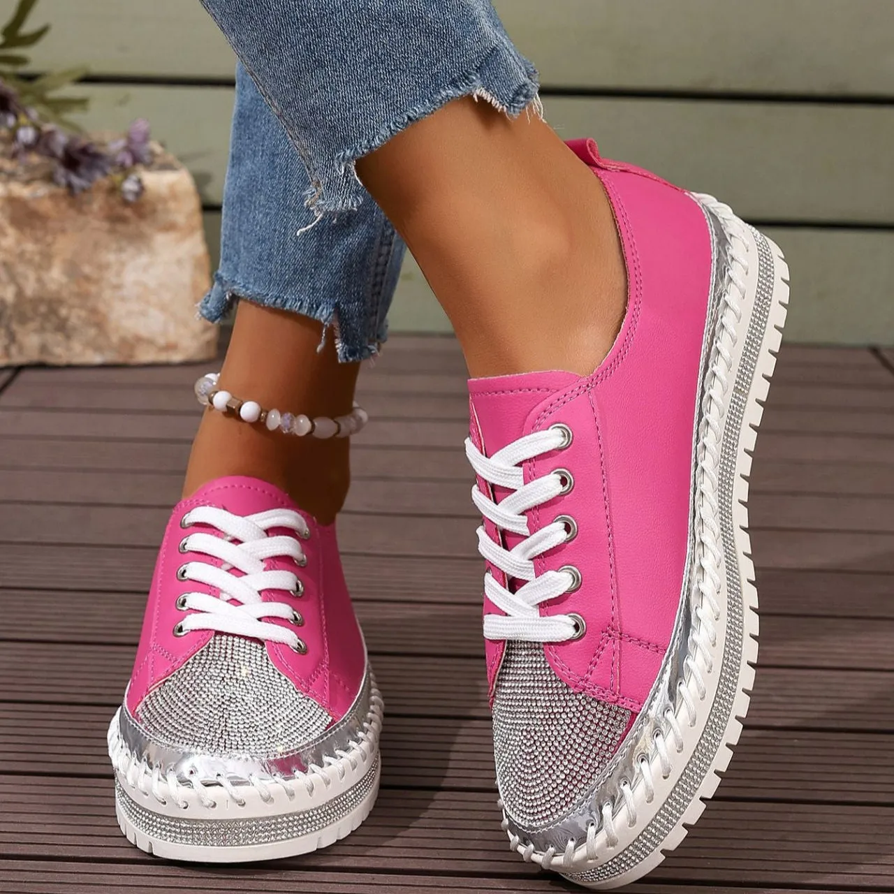Women's rhinestone sparkly lace-up platform sneakers