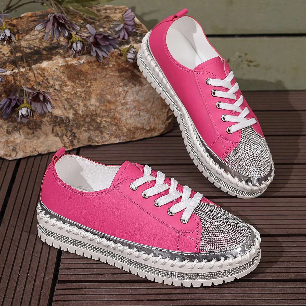 Women's rhinestone sparkly lace-up platform sneakers
