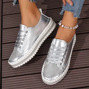 Women's rhinestone sparkly lace-up platform sneakers