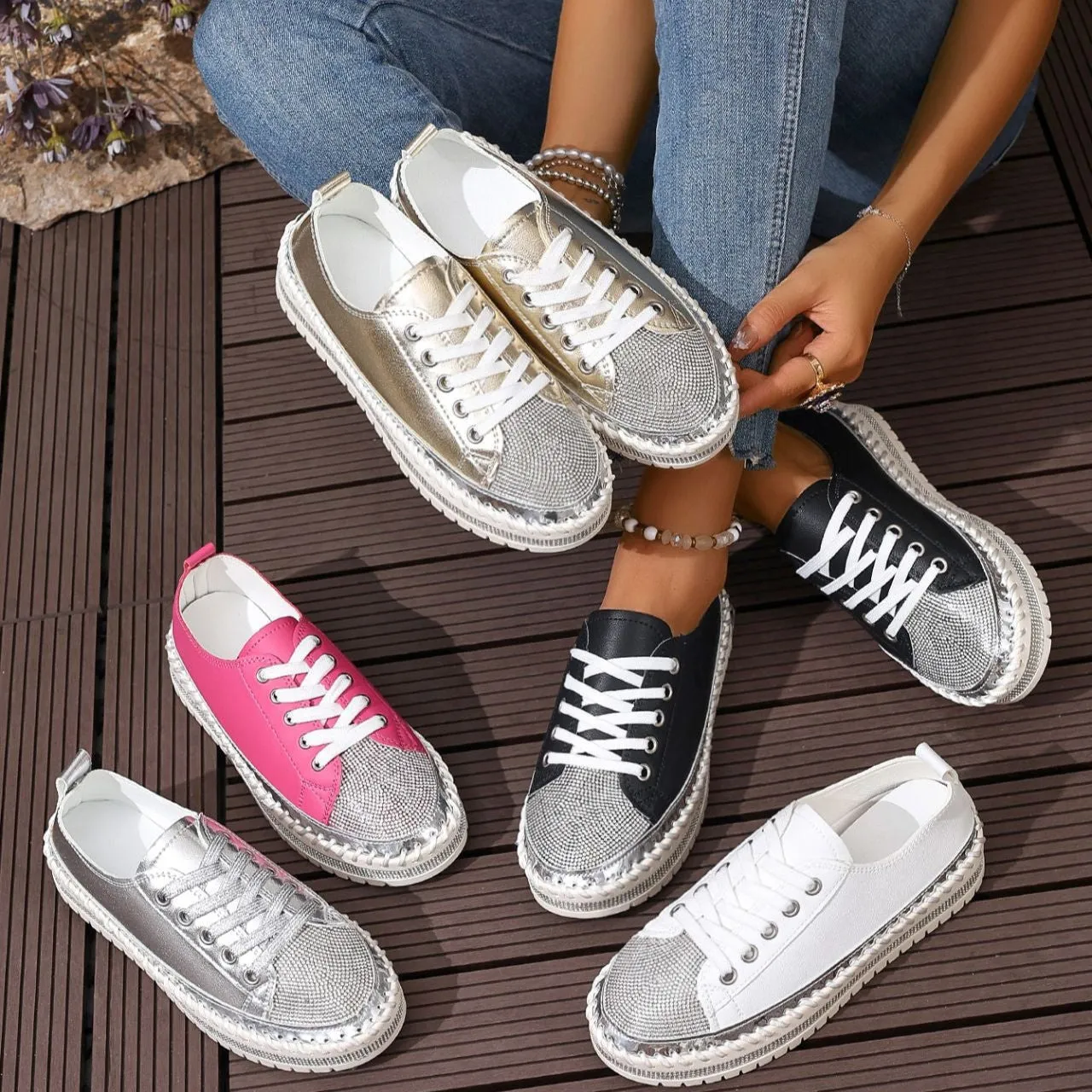 Women's rhinestone sparkly lace-up platform sneakers