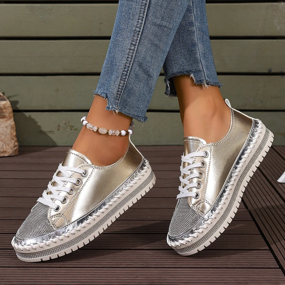 Women's rhinestone sparkly lace-up platform sneakers