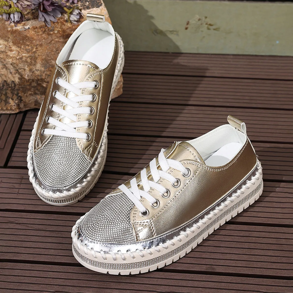 Women's rhinestone sparkly lace-up platform sneakers