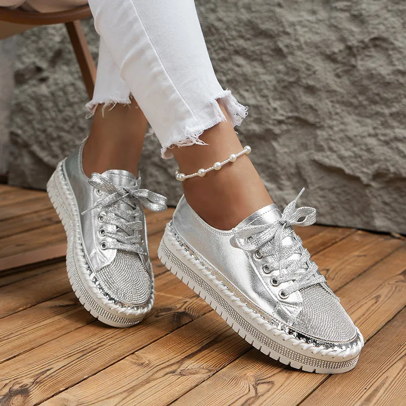 Women's rhinestone sparkly lace-up platform sneakers