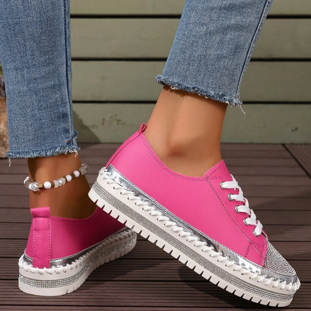 Women's rhinestone sparkly lace-up platform sneakers