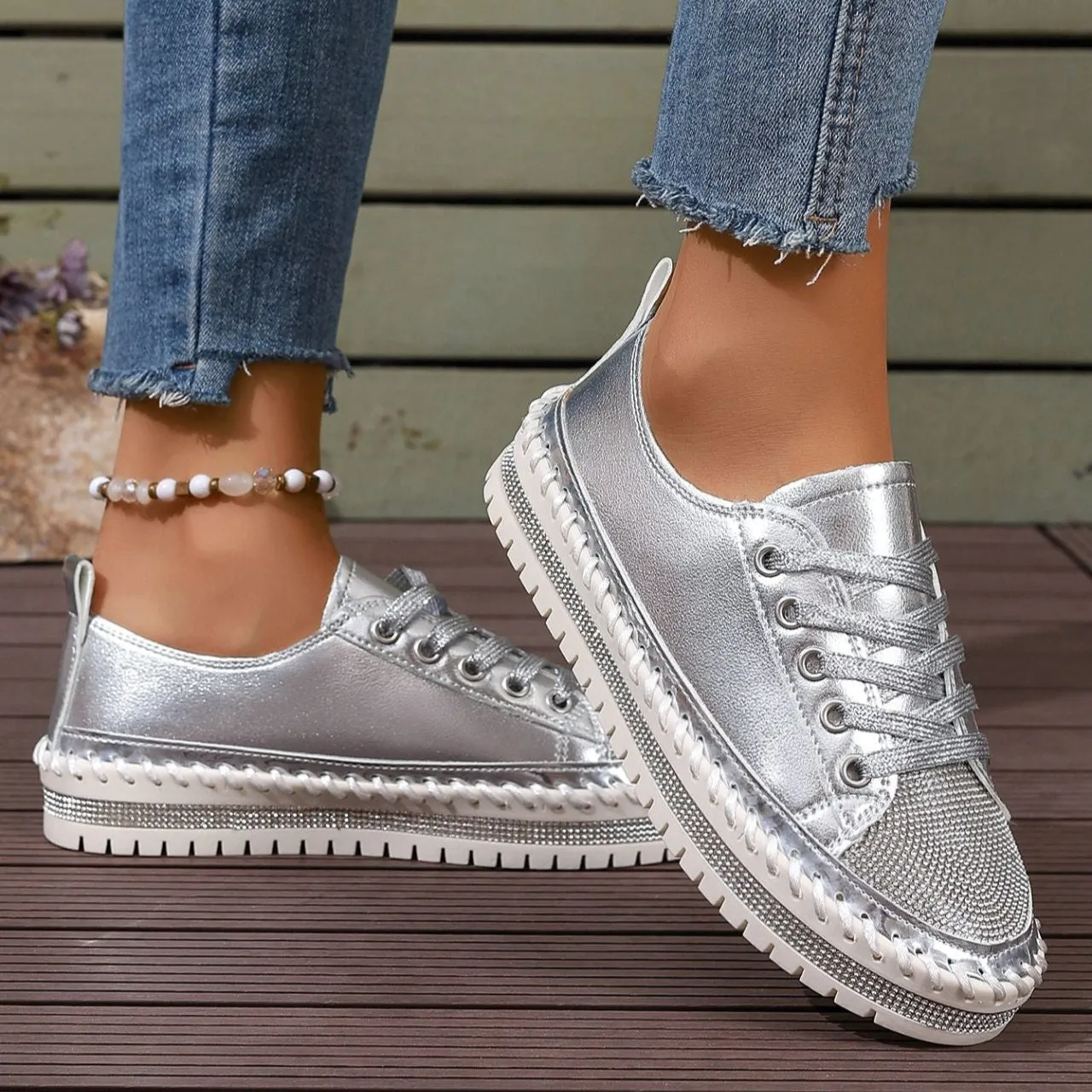 Women's rhinestone sparkly lace-up platform sneakers
