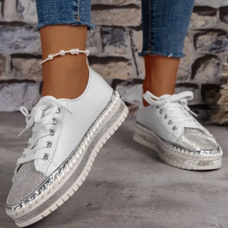 Women's rhinestone sparkly lace-up platform sneakers