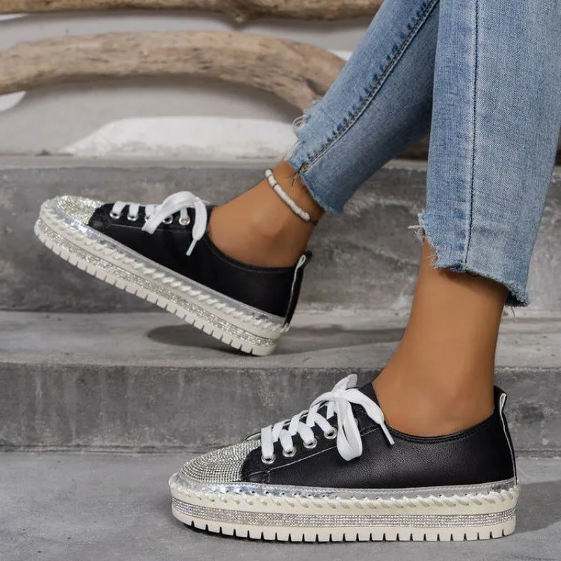 Women's rhinestone sparkly lace-up platform sneakers