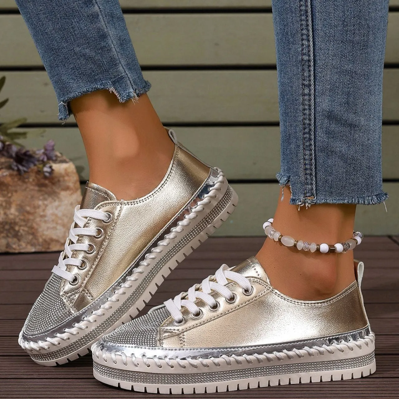 Women's rhinestone sparkly lace-up platform sneakers