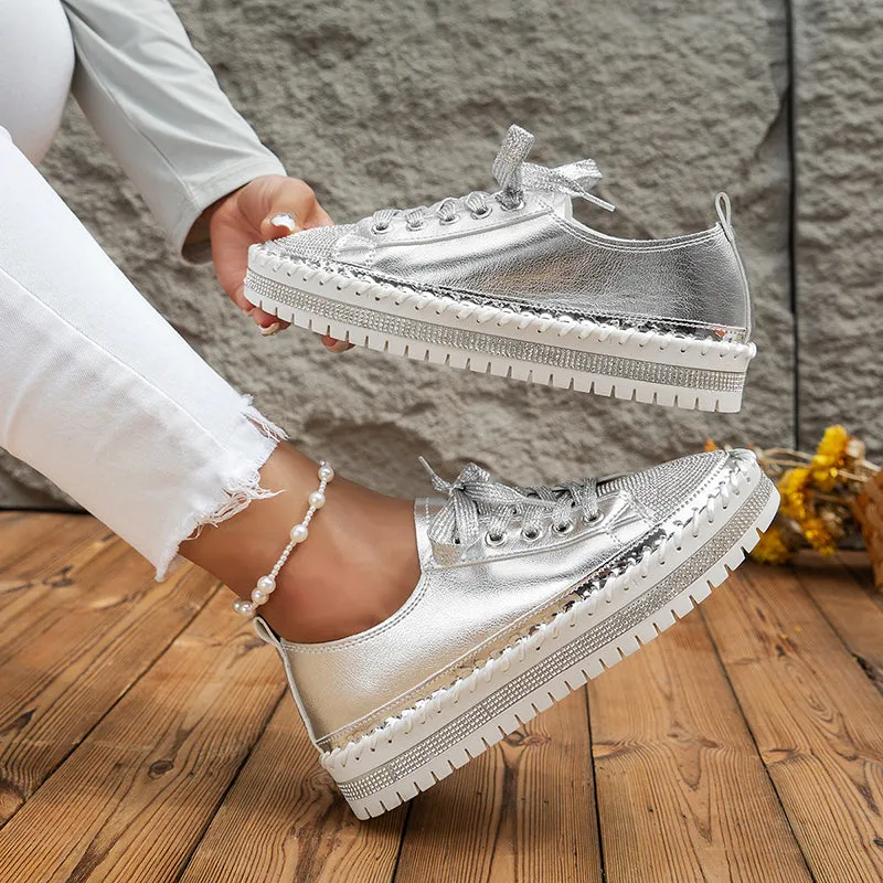 Women's rhinestone sparkly lace-up platform sneakers