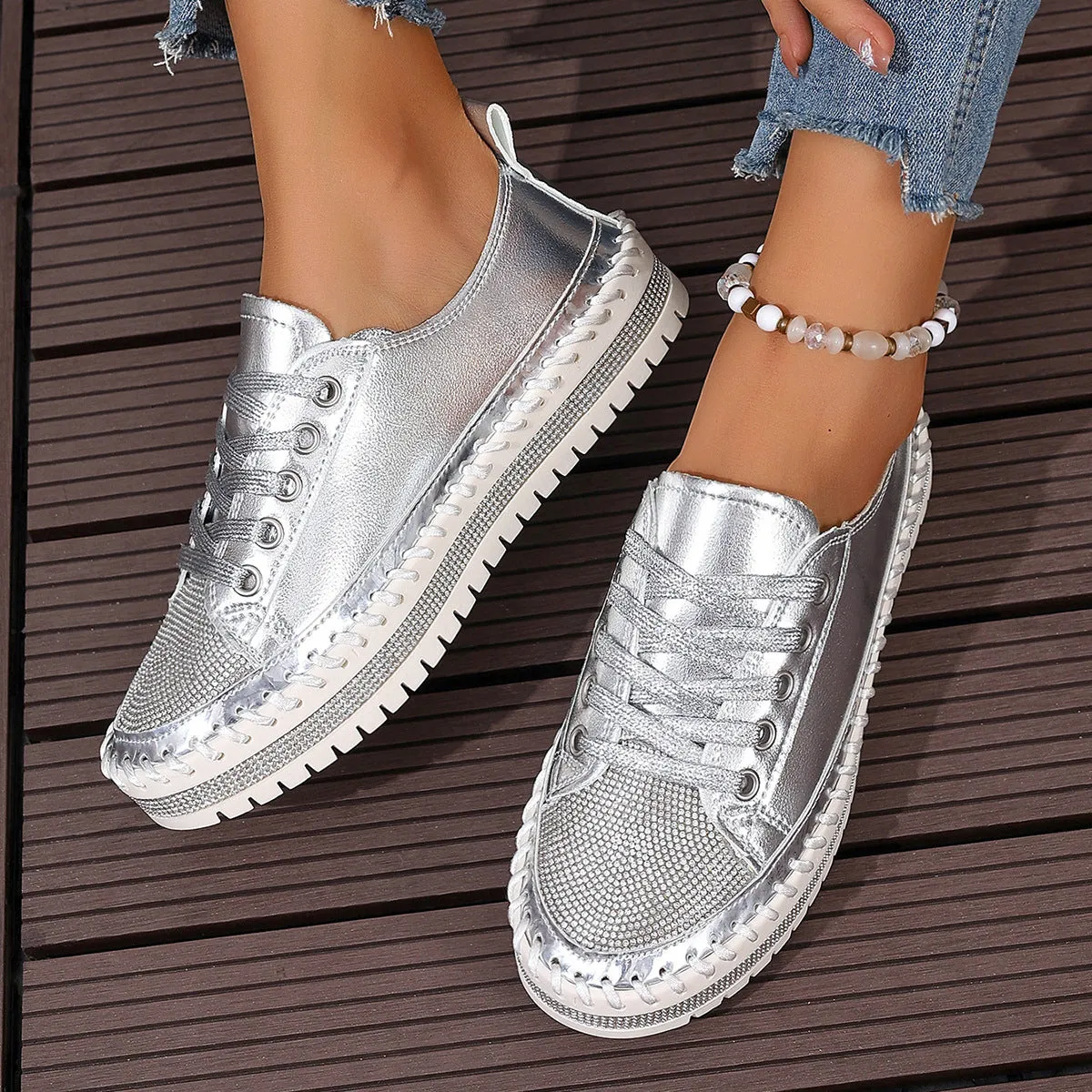 Women's rhinestone sparkly lace-up platform sneakers