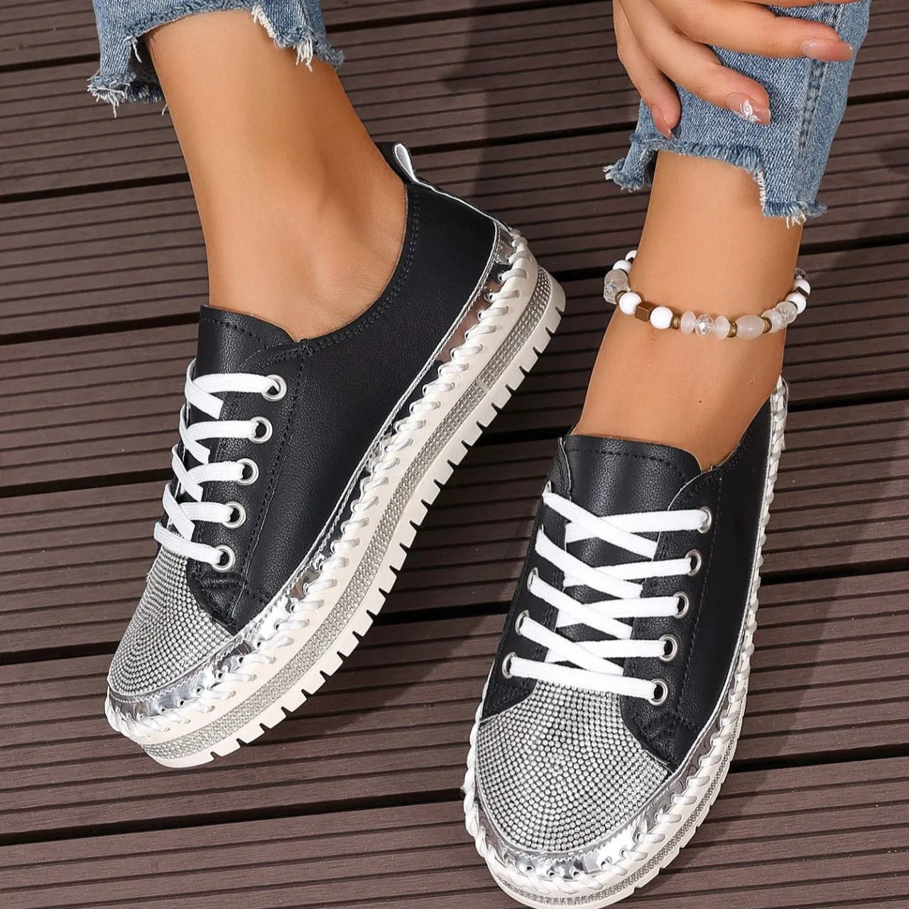 Women's rhinestone sparkly lace-up platform sneakers