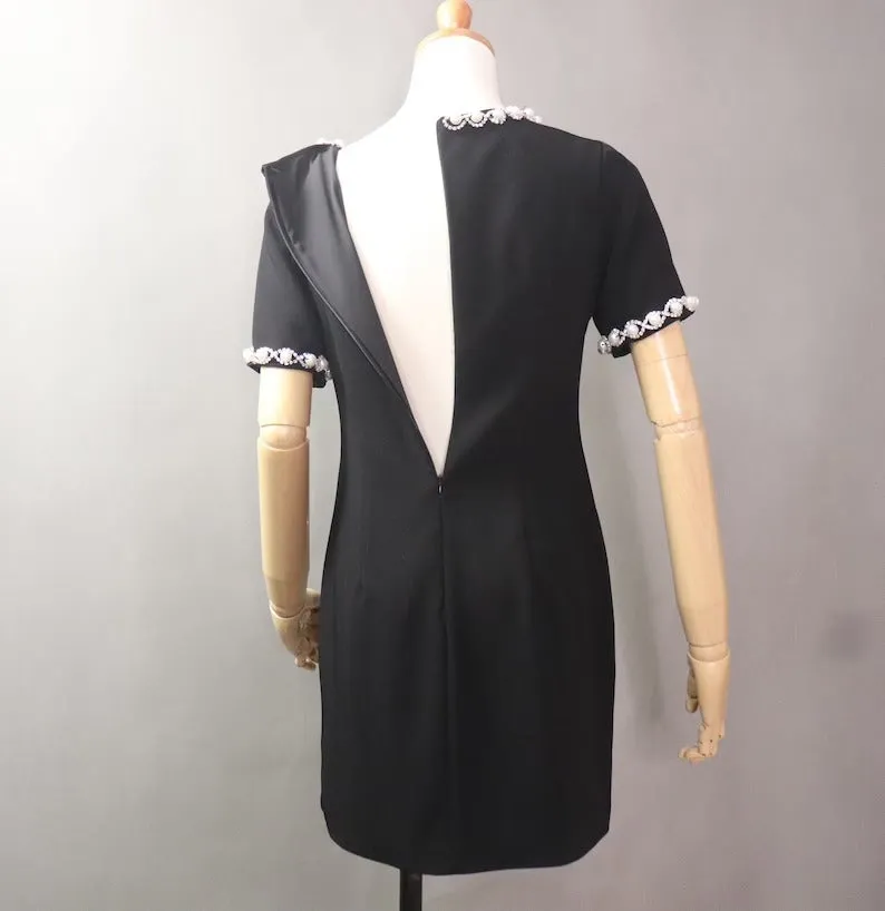 Women's Tailor Custom Made Pearl Jewellery Decoration Dress Black